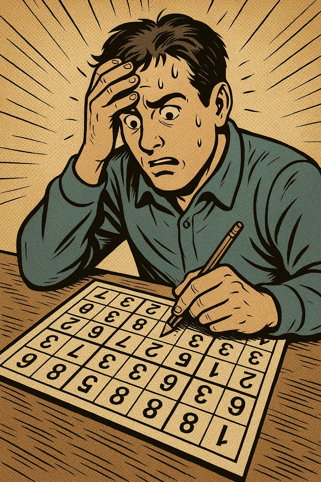 Persona concentrata che gioca a sudoku - illustrazione in stile vintage